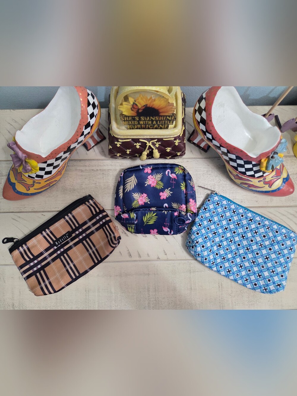 Modella Pouch Bundle - Tan Plaid & Blue Retro Geometric Set of 3, LN
